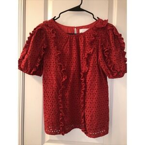 Rachel Parcell Red Eyelet Ruffle Blouse Short SleevedTop Size Small